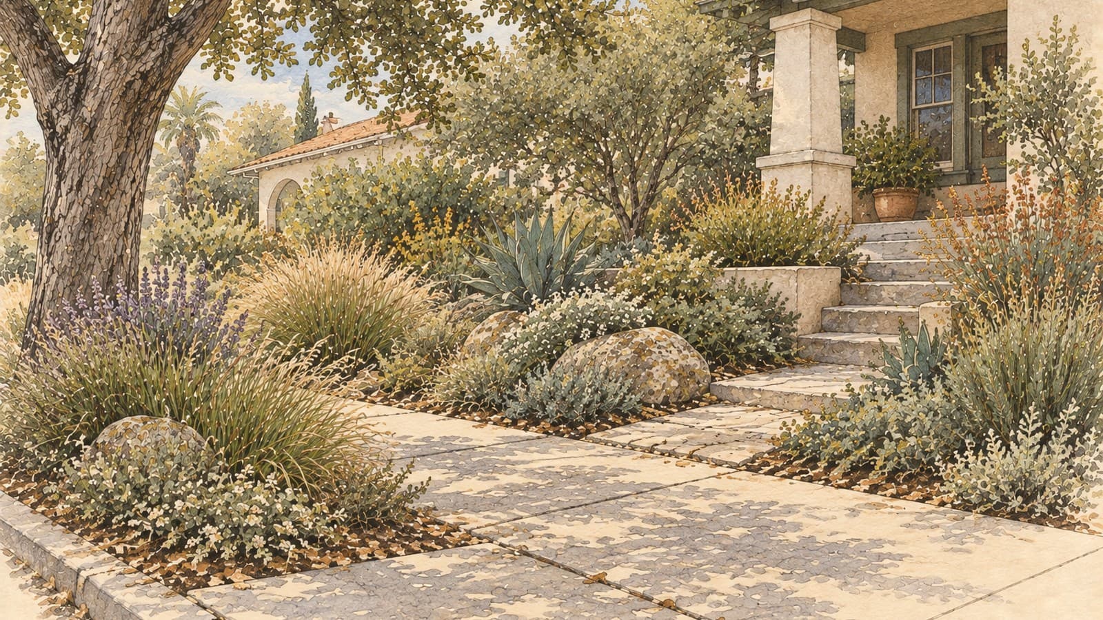 A compact North Park front garden where a shaded walk connects the neighborhood sidewalk to a cared-for entry.